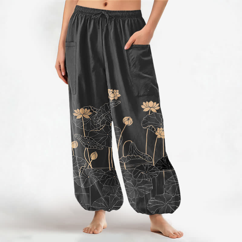 Buddha Stones Pantaloni harem da donna in cotone con motivo giardino di loto zen e vita elasticizzata, con tasche laterali. - Nero - US16, UK/AU20, EU48 (3XL) - image 10