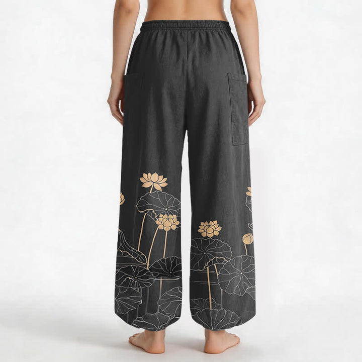Buddha Stones Pantaloni harem da donna in cotone con motivo giardino di loto zen e vita elasticizzata, con tasche laterali. - image 12