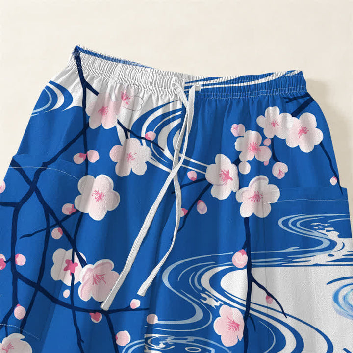 Buddha Stones Pantaloni harem da donna in cotone con motivo a onde di fiori di ciliegio e vita elasticizzata, con tasche laterali. - image 5