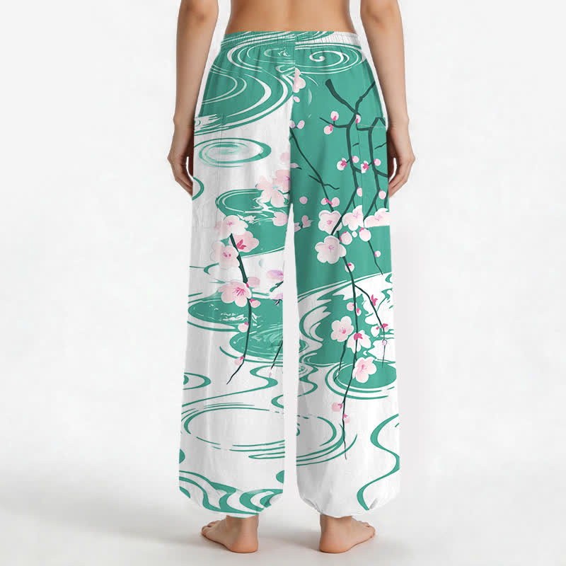 Buddha Stones Pantaloni harem da donna in cotone con motivo a onde di fiori di ciliegio e vita elasticizzata, con tasche laterali. - image 9