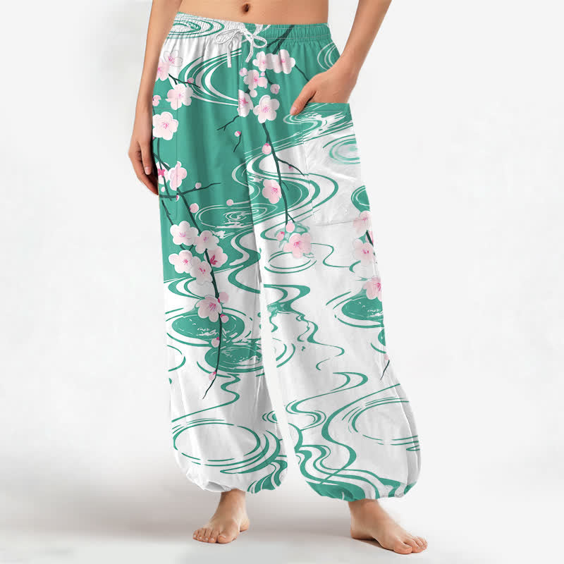 Buddha Stones Pantaloni harem da donna in cotone con motivo a onde di fiori di ciliegio e vita elasticizzata, con tasche laterali. - Acquamarina - US16, UK/AU20, EU48 (3XL) - image 7