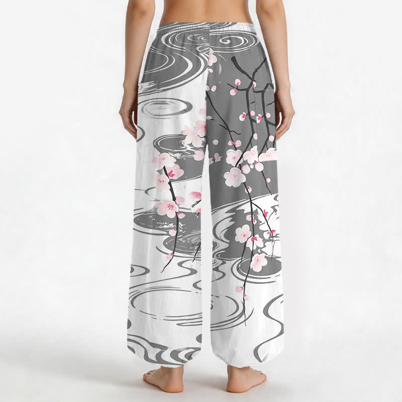 Buddha Stones Pantaloni harem da donna in cotone con motivo a onde di fiori di ciliegio e vita elasticizzata, con tasche laterali. - image 12