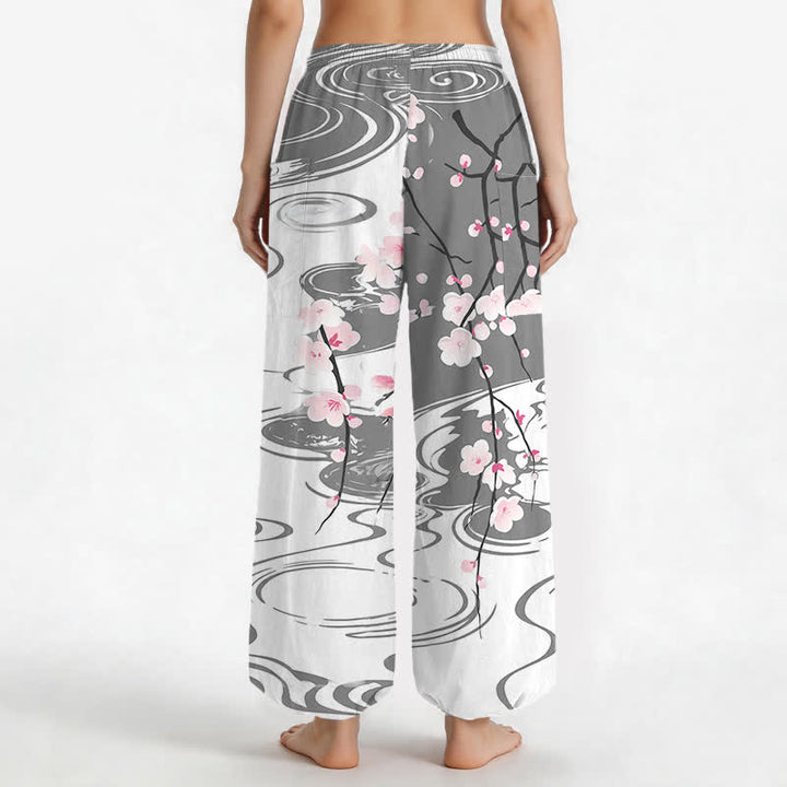 Buddha Stones Pantaloni harem da donna in cotone con motivo a onde di fiori di ciliegio e vita elasticizzata, con tasche laterali. - image 12
