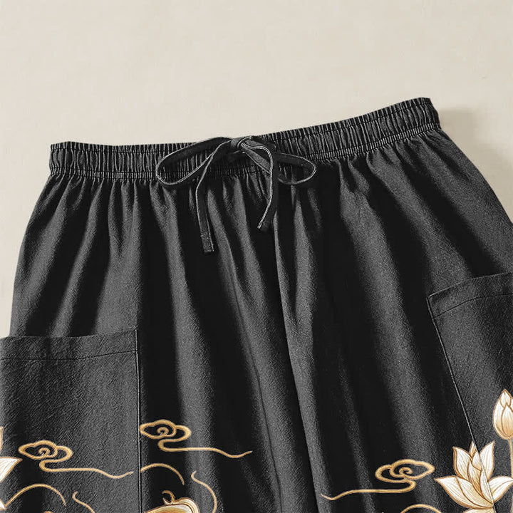 Buddha Stones Pantaloni harem da donna in cotone con elastico in vita e motivo a onde di loto e koi dorati, con tasche laterali. - image 5