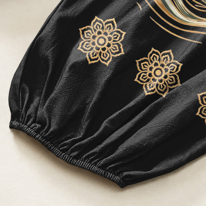 Buddha Stones Pantaloni harem da donna in cotone con elastico in vita e motivo a onde di loto e koi dorati, con tasche laterali. - image 6