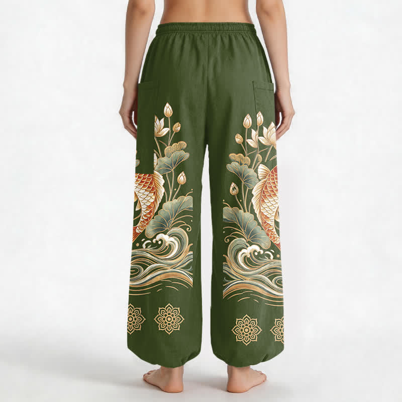 Buddha Stones Pantaloni harem da donna in cotone con elastico in vita e motivo a onde di loto e koi dorati, con tasche laterali. - image 12