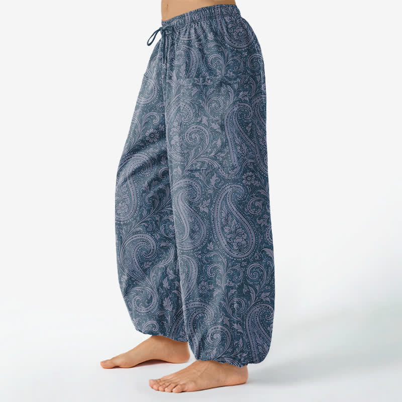 Buddha Stones Pantaloni harem da donna in cotone con motivo paisley vintage, elastico in vita e tasche laterali. - image 1