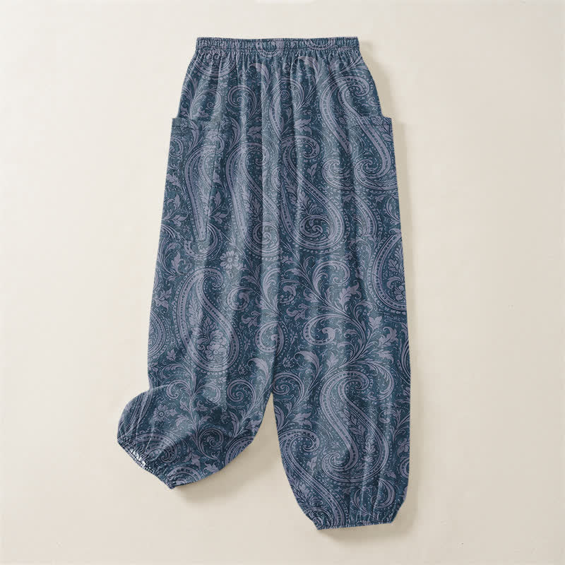 Buddha Stones Pantaloni harem da donna in cotone con motivo paisley vintage, elastico in vita e tasche laterali. - image 4