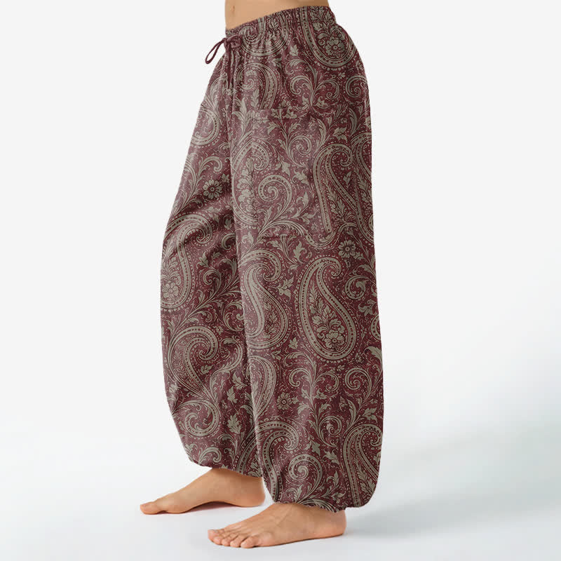 Buddha Stones Pantaloni harem da donna in cotone con motivo paisley vintage, elastico in vita e tasche laterali. - image 8