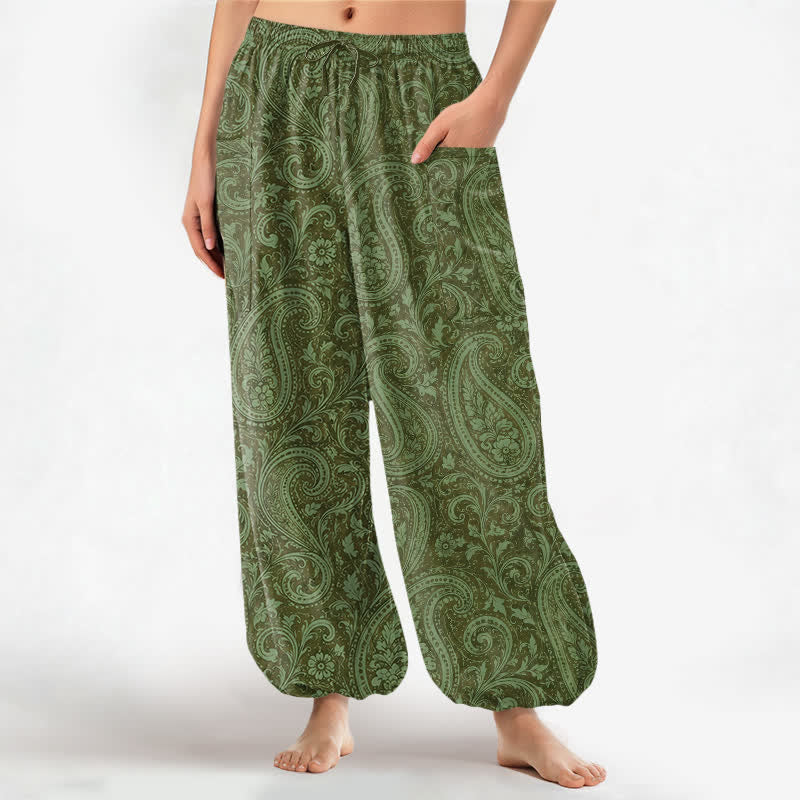 Buddha Stones Pantaloni harem da donna in cotone con motivo paisley vintage, elastico in vita e tasche laterali. - Verde oliva - US16, UK/AU20, EU48 (3XL) - image 10