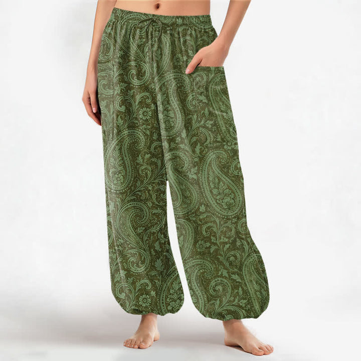 Buddha Stones Pantaloni harem da donna in cotone con motivo paisley vintage, elastico in vita e tasche laterali. - Verde oliva - US16, UK/AU20, EU48 (3XL) - image 10