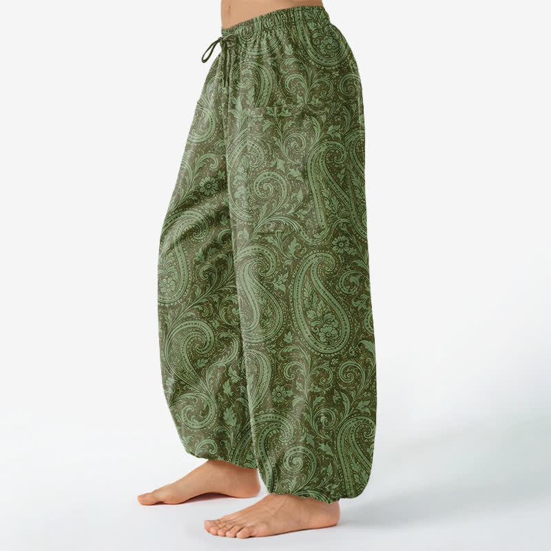 Buddha Stones Pantaloni harem da donna in cotone con motivo paisley vintage, elastico in vita e tasche laterali. - image 11