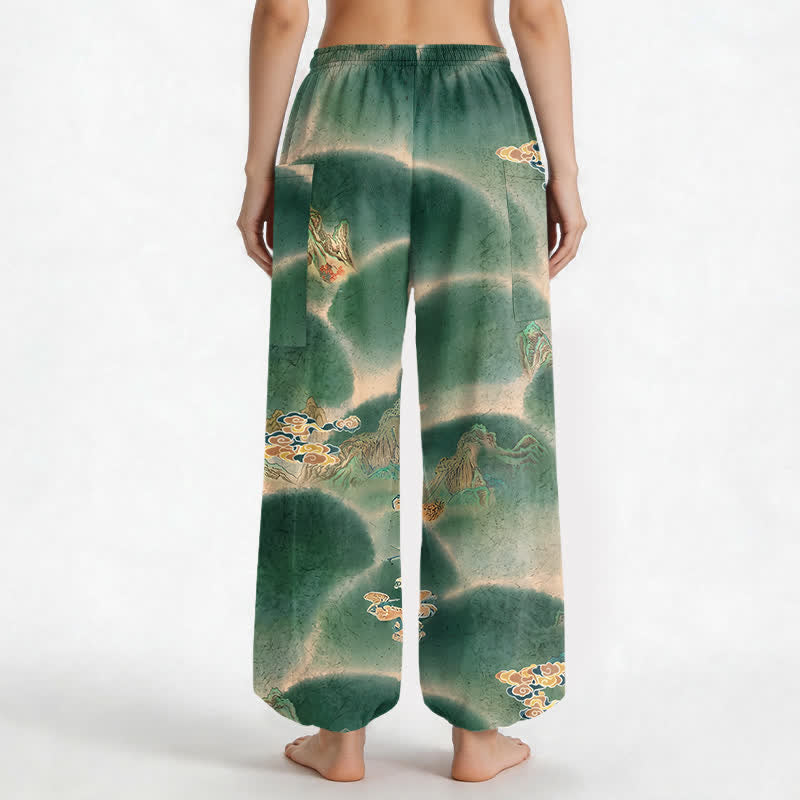 Buddha Stones Pantaloni harem da donna in cotone con elastico in vita e motivo paesaggistico nebbioso, con tasche laterali. - image 2