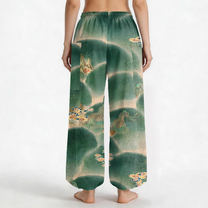Buddha Stones Pantaloni harem da donna in cotone con elastico in vita e motivo paesaggistico nebbioso, con tasche laterali. - image 2