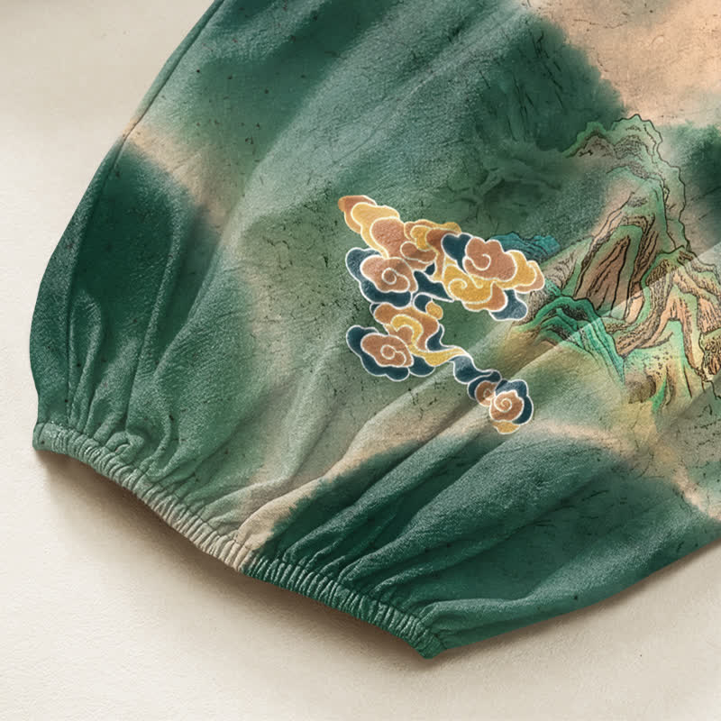 Buddha Stones Pantaloni harem da donna in cotone con elastico in vita e motivo paesaggistico nebbioso, con tasche laterali. - image 6