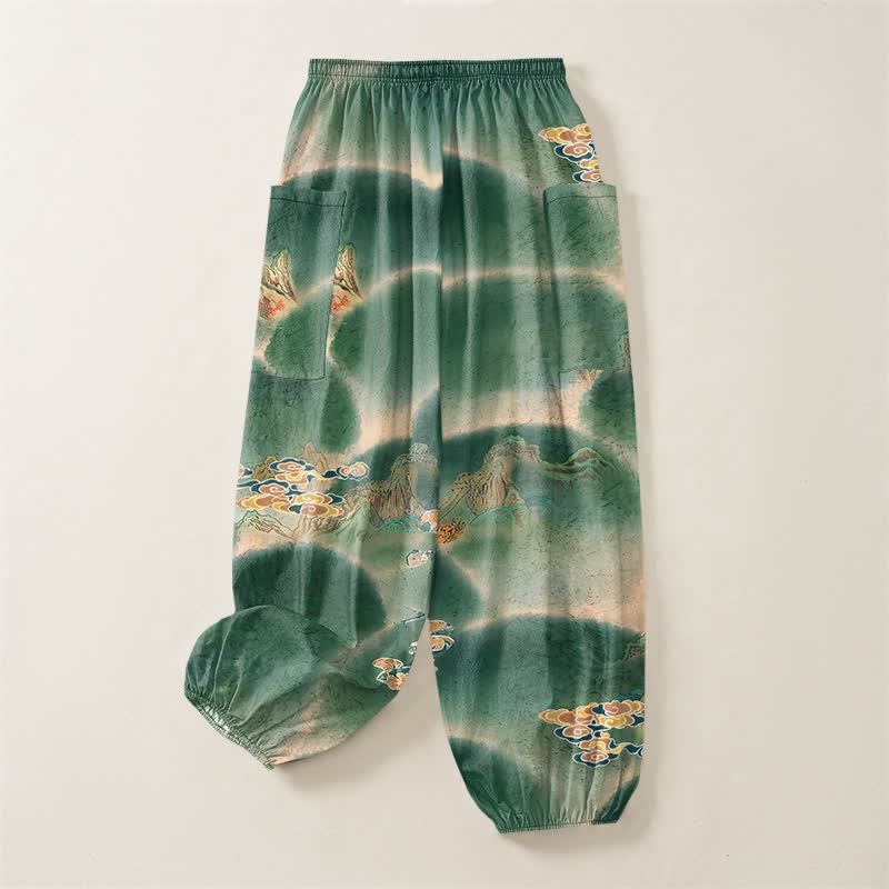 Buddha Stones Pantaloni harem da donna in cotone con elastico in vita e motivo paesaggistico nebbioso, con tasche laterali. - image 4