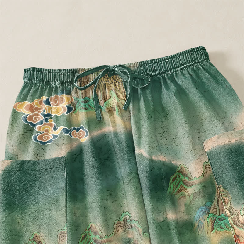 Buddha Stones Pantaloni harem da donna in cotone con elastico in vita e motivo paesaggistico nebbioso, con tasche laterali. - image 5