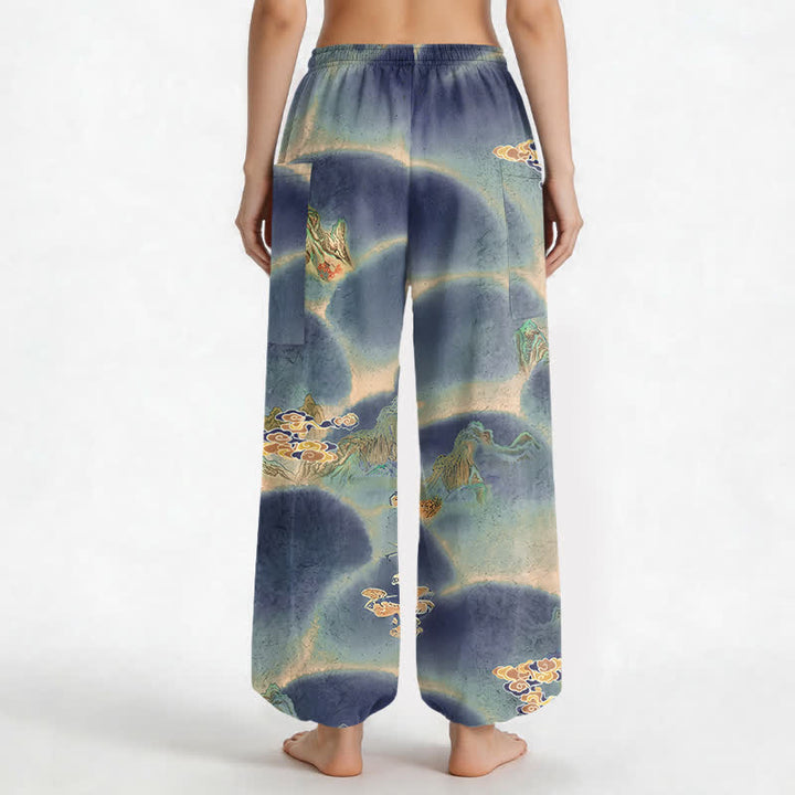 Buddha Stones Pantaloni harem da donna in cotone con elastico in vita e motivo paesaggistico nebbioso, con tasche laterali. - image 9