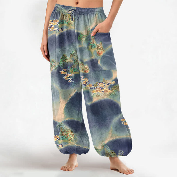 Buddha Stones Pantaloni harem da donna in cotone con elastico in vita e motivo paesaggistico nebbioso, con tasche laterali. - SteelBlue - US16, UK/AU20, EU48 (3XL) - image 7