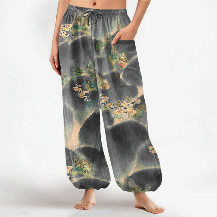 Buddha Stones Pantaloni harem da donna in cotone con elastico in vita e motivo paesaggistico nebbioso, con tasche laterali. - Grigio scuro - US16, UK/AU20, EU48 (3XL) - image 10