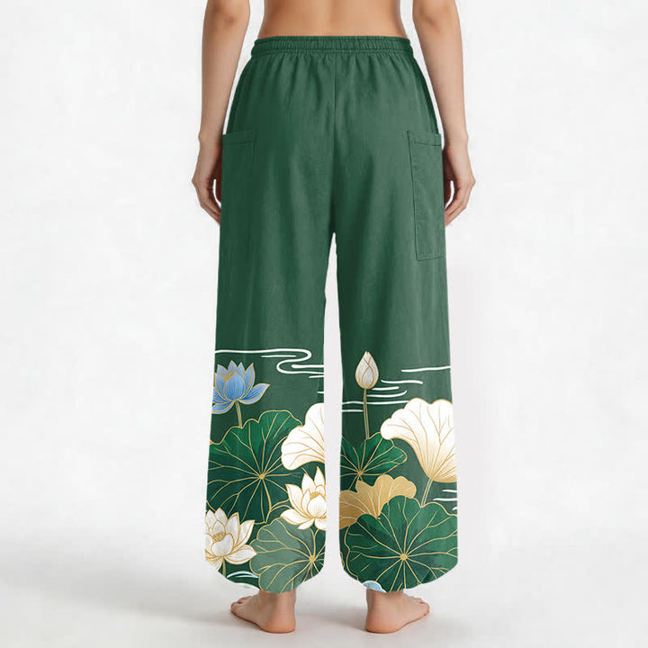 Buddha Stones Pantaloni harem da donna in cotone con motivo a foglie di loto e onde, vita elasticizzata e tasche laterali. - image 2