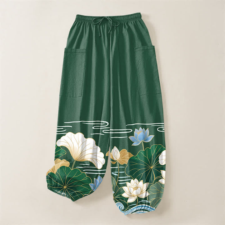 Buddha Stones Pantaloni harem da donna in cotone con motivo a foglie di loto e onde, vita elasticizzata e tasche laterali. - image 3