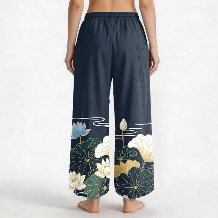 Buddha Stones Pantaloni harem da donna in cotone con motivo a foglie di loto e onde, vita elasticizzata e tasche laterali. - image 12