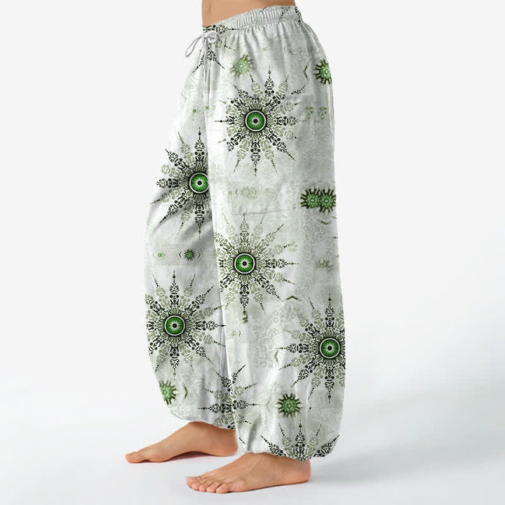 Buddha Stones Pantaloni harem da donna in cotone stile bohémien con motivo a medaglione geometrico e vita elasticizzata, con tasche laterali. - image 1