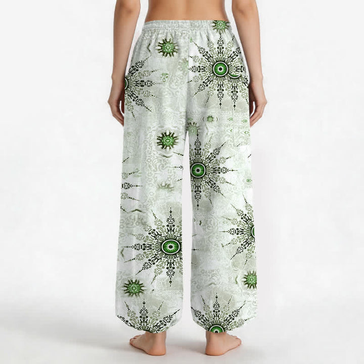 Buddha Stones Pantaloni harem da donna in cotone stile bohémien con motivo a medaglione geometrico e vita elasticizzata, con tasche laterali. - image 2