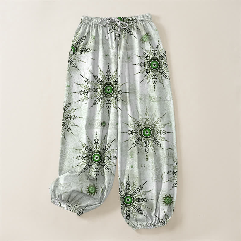 Buddha Stones Pantaloni harem da donna in cotone stile bohémien con motivo a medaglione geometrico e vita elasticizzata, con tasche laterali. - image 3