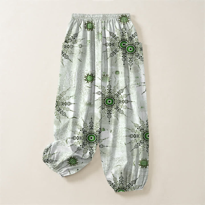Buddha Stones Pantaloni harem da donna in cotone stile bohémien con motivo a medaglione geometrico e vita elasticizzata, con tasche laterali. - image 4