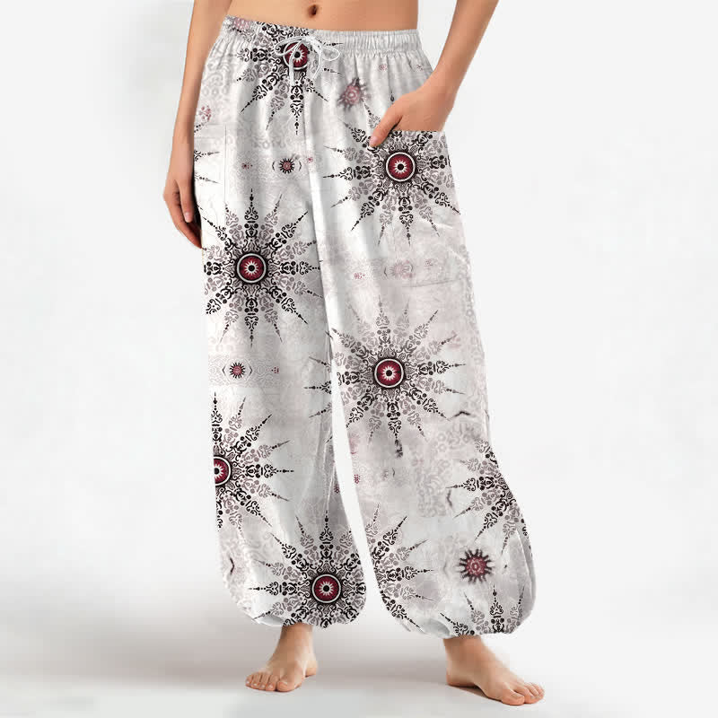 Buddha Stones Pantaloni harem da donna in cotone stile bohémien con motivo a medaglione geometrico e vita elasticizzata, con tasche laterali. - Lavanda Rosa - US16, UK/AU20, EU48 (3XL) - image 7