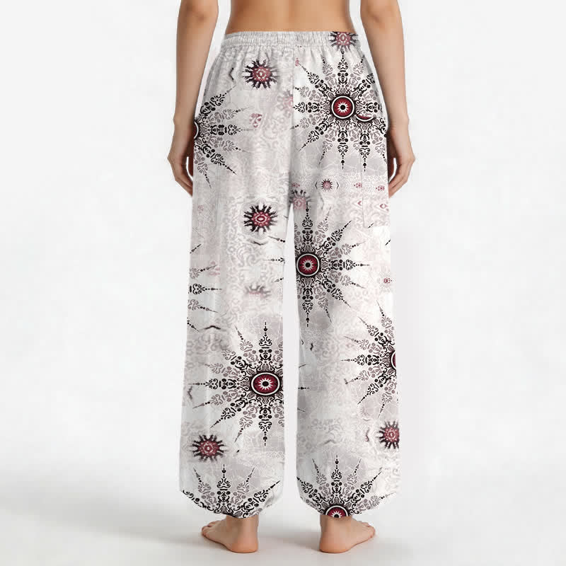 Buddha Stones Pantaloni harem da donna in cotone stile bohémien con motivo a medaglione geometrico e vita elasticizzata, con tasche laterali. - image 9