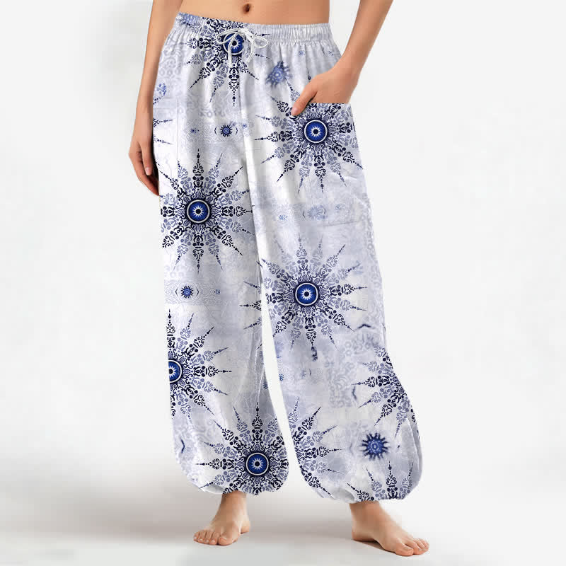 Buddha Stones Pantaloni harem da donna in cotone stile bohémien con motivo a medaglione geometrico e vita elasticizzata, con tasche laterali. - AliceBlue - US16, UK/AU20, EU48 (3XL) - image 10