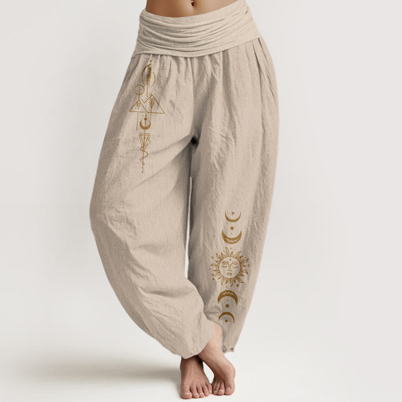 Buddha Stones Pantaloni harem da donna in puro cotone con elastico in vita e motivo geometrico con sole e luna - Tan - US16, UK/AU20, EU48 (3XL) - image 11