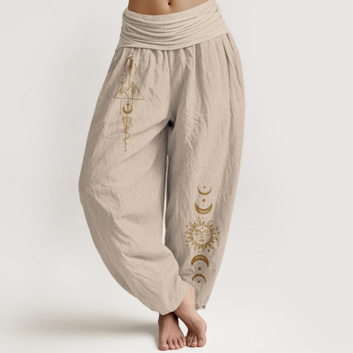 Buddha Stones Pantaloni harem da donna in puro cotone con elastico in vita e motivo geometrico con sole e luna - Tan - US16, UK/AU20, EU48 (3XL) - image 11