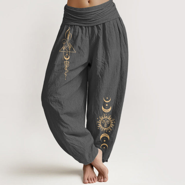 Buddha Stones Pantaloni harem da donna in puro cotone con elastico in vita e motivo geometrico con sole e luna - Grigio tenue - US16, UK/AU20, EU48 (3XL) - image 8