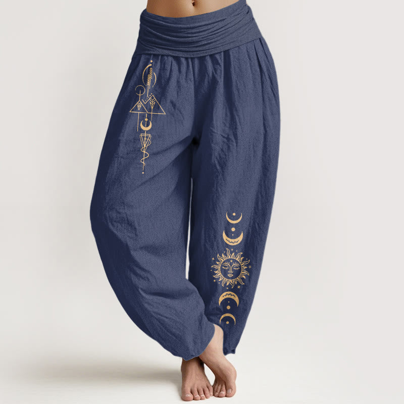 Buddha Stones Pantaloni harem da donna in puro cotone con elastico in vita e motivo geometrico con sole e luna - Blu ardesia scuro - US16, UK/AU20, EU48 (3XL) - image 5