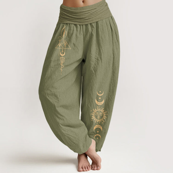 Buddha Stones Pantaloni harem da donna in puro cotone con elastico in vita e motivo geometrico con sole e luna - Verde oliva - US16, UK/AU20, EU48 (3XL) - image 14