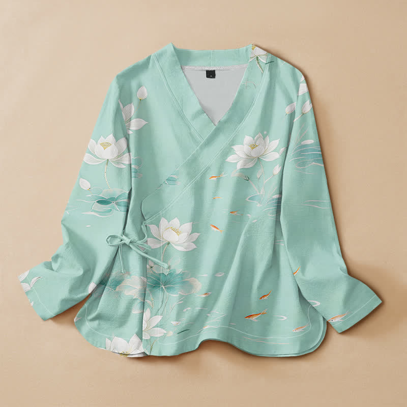 Kimono da donna a maniche lunghe con scollo a V e allacciatura, in cotone con stampa di pietre Buddha Stones , loto e carpe koi. - Turchese pallido - US16, UK/AU20, EU48 (3XL) - image 0