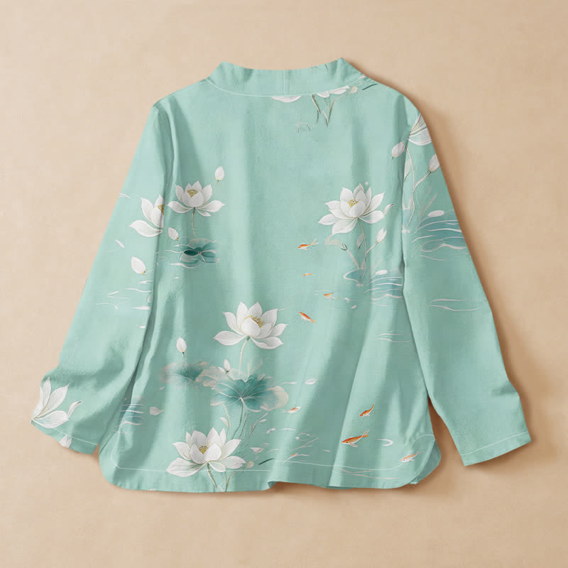 Kimono da donna a maniche lunghe con scollo a V e allacciatura, in cotone con stampa di pietre Buddha Stones , loto e carpe koi. - image 1