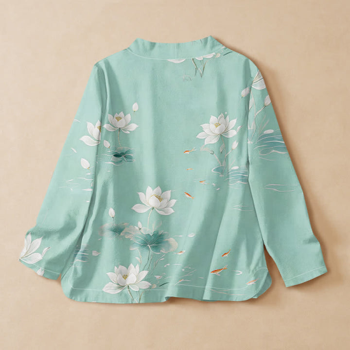 Kimono da donna a maniche lunghe con scollo a V e allacciatura, in cotone con stampa di pietre Buddha Stones , loto e carpe koi. - image 1