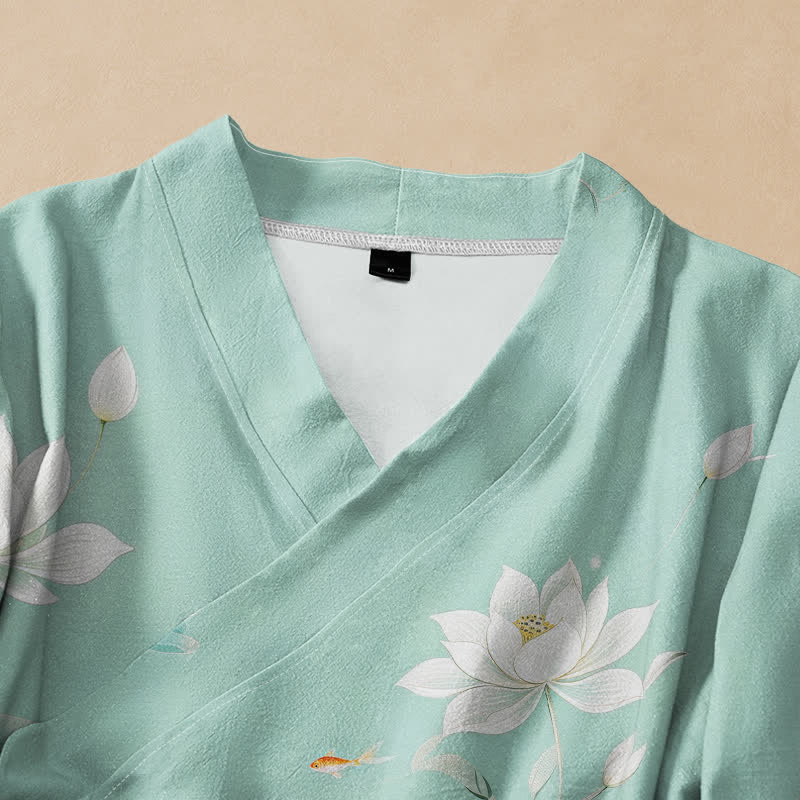 Kimono da donna a maniche lunghe con scollo a V e allacciatura, in cotone con stampa di pietre Buddha Stones , loto e carpe koi. - image 2