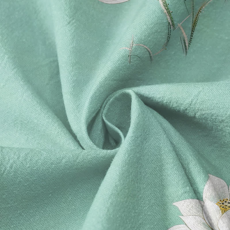 Kimono da donna a maniche lunghe con scollo a V e allacciatura, in cotone con stampa di pietre Buddha Stones , loto e carpe koi. - image 4