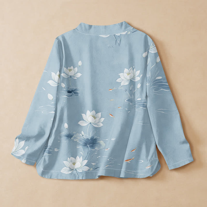 Kimono da donna a maniche lunghe con scollo a V e allacciatura, in cotone con stampa di pietre Buddha Stones , loto e carpe koi. - image 6
