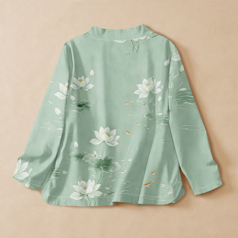 Kimono da donna a maniche lunghe con scollo a V e allacciatura, in cotone con stampa di pietre Buddha Stones , loto e carpe koi. - image 8