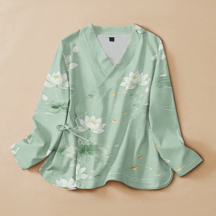 Kimono da donna a maniche lunghe con scollo a V e allacciatura, in cotone con stampa di pietre Buddha Stones , loto e carpe koi. - Verde pallido - US16, UK/AU20, EU48 (3XL) - image 7