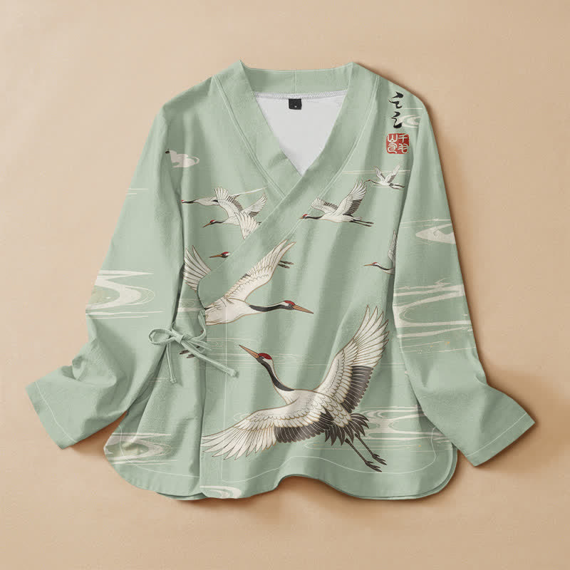 Kimono da donna a maniche lunghe con scollo a V e allacciatura, in cotone con stampa di gru volanti Buddha Stones. - Verde pallido - US16, UK/AU20, EU48 (3XL) - image 5