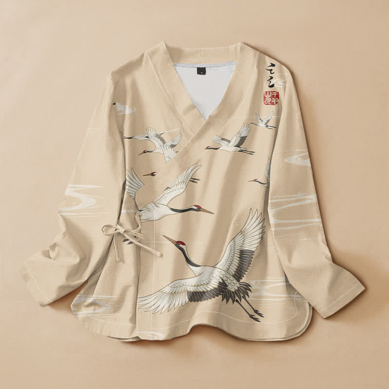 Kimono da donna a maniche lunghe con scollo a V e allacciatura, in cotone con stampa di gru volanti Buddha Stones. - Beige - US16, UK/AU20, EU48 (3XL) - image 7