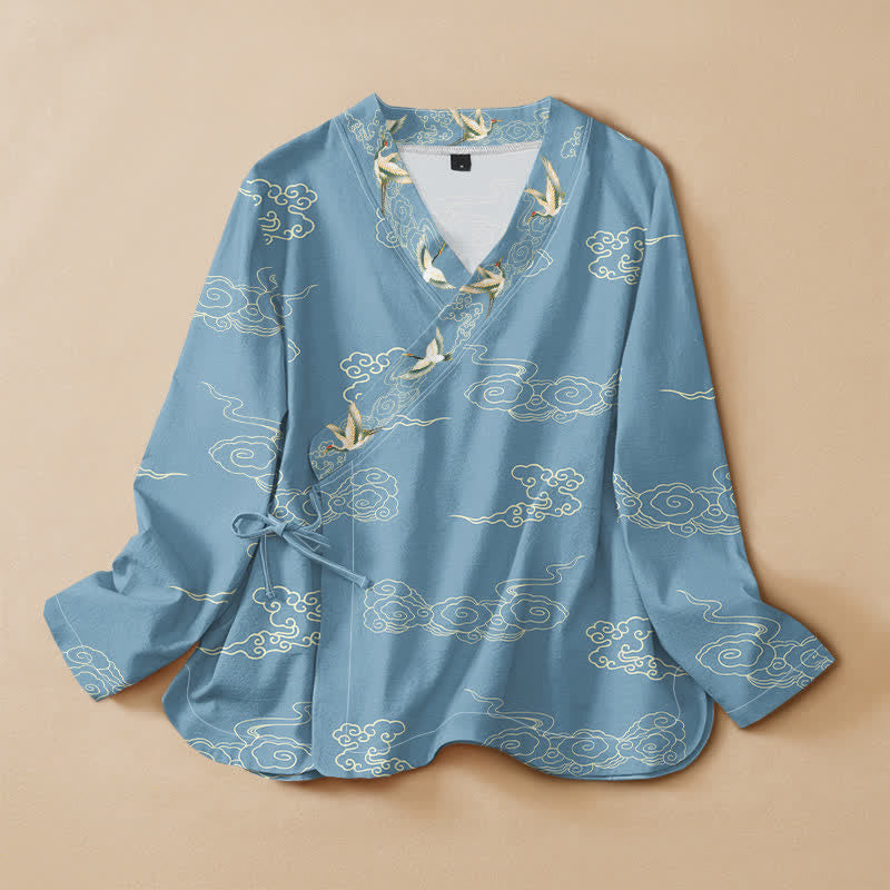 Kimono da donna a maniche lunghe con scollo a V e allacciatura, in cotone con stampa di gru e nuvole, stile Hanfu, con motivo Buddha Stones. - Azzurro chiaro - US16, UK/AU20, EU48 (3XL) - image 0